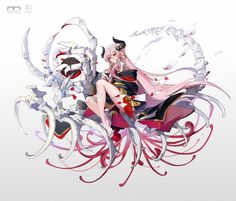 an anime character sitting on top of a white and red flowered object with long hair