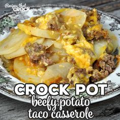 crock pot beefy potato taco casserole on a white and black plate