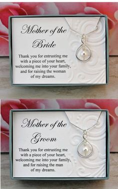 mother of the bride and groom necklaces in their wedding day gift box with poem