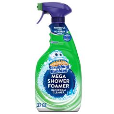 a bottle of cleaner on a white background with the words scribbling bubbles mega shower foamer