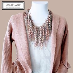 "Rose Gold Scarf Necklace goes with so many things! SPECIFICATIONS - Made from fine, lightweight metallic yarns in a circle/loop or infinity design that can be styled multiple ways - Circumference of 66 inches (32-33 when doubled and extended) - Weighs less than 0.7 ounces (20 gms) - Appear delicate but are extremely strong, soft, almost weightless, easy to wear and require no fastening. And no tangling...yes, really! - Packaged in a pretty organza satchel with instructions -\"How to Wear\" vide Bead Scarf, Tan Scarf, Necklace Scarf, Beaded Scarf, Wire Trees, Ways To Wear A Scarf, Colorful Necklace, Necklace Colorful, Scarf Necklace