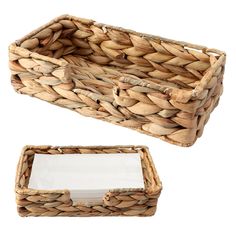 an empty basket next to a mirror on a white background