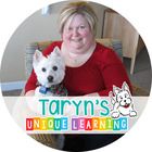 a woman holding a small white dog in her lap with the words taryn's unique learning on it