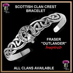 Outlander Inspired Fraser Clan Crest Celtic Cuff Bracelet, Interlace - Sterling Silver Scottish Design, Fraser Clan, Outlander Characters, Celtic Weave, The Outlander, Scottish Jewellery, Scottish Clans, Celtic Cross, Engraved Items