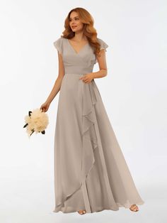 #color_Taupe V-neck Ruffle Bridesmaid Dress For Party, Elegant Maxi Dress With Ruffled Straps For Prom, Elegant Prom Maxi Dress With Ruffled Straps, Wedding Dress With Ruched Bodice And Ruffled Straps, Flowy Ruffle Dress For Wedding, Bridesmaid Maxi Dress With Ruffled Straps, A-line Evening Dress With Ruffles For Prom Season, A-line Evening Dress With Ruffles For Prom, Elegant Flowy Ruffle Dress For Wedding