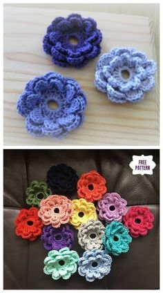 crochet flower appliques are shown in three different colors and sizes