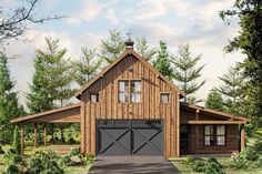 a rendering of a barn style house with two garages on the front and side