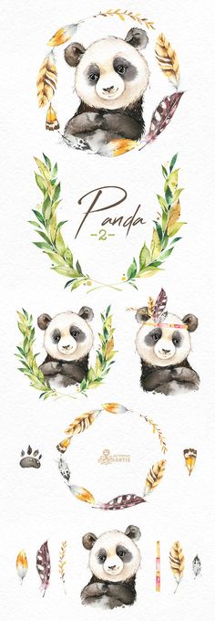 watercolor pandas with leaves and feathers around their neck, on a white background