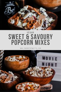 sweet and savory popcorn mixes in wooden bowls on top of a black table