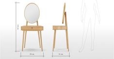 a wooden chair with a mirror on it and a drawing of a person standing next to it