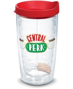 a glass cup with a red lid and the words central perk on it