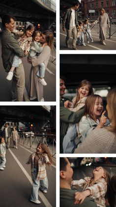 a collage of people walking down the street with one child on his shoulders and two adults holding their children