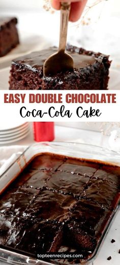 a person dipping chocolate into a cake in a baking pan with the words easy double chocolate cocoa cake