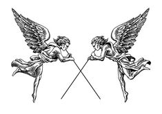 two cherubs with crossed swords in their hands, vintage line drawing or engraving illustration