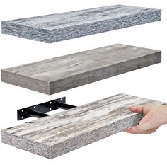 three different types of wooden planks being held by two hands