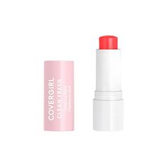 the covergirl lipstick stick in pink is next to it's packaging on a white background