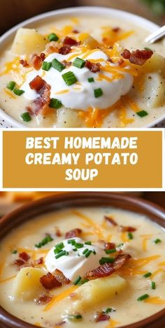 two bowls filled with creamy potato soup and topped with sour cream