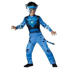 a boy in a blue and black costume is standing with his arms out to the side