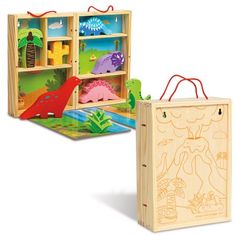 two wooden toys with dinosaurs in them