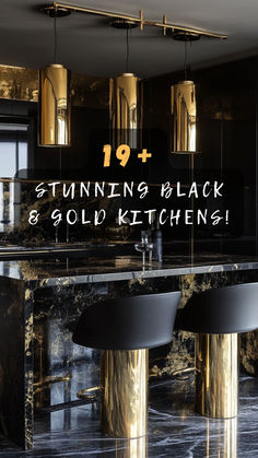 a kitchen with black and gold decor on the counter top, two stools are in front of it