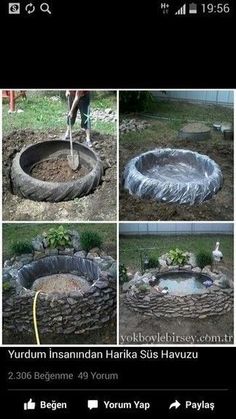 various pictures of an outdoor fire pit made out of rocks and plastic wrap around it