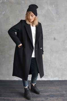 "Wool coat / Coat women / Long coat / Wool fabric / Jacket / Minimalist / Oversized coat / Asymmetrical coat / Elegant coat /Trench coat / Black coat Grey woolen coat has an oversize silhouette through the body , crafted in a heavy and thick high quality wool fabric. The coat has a unique cut , features big collar, long sleeves and is very stylish. Wool 80% Polyester 20% Lining viscose 100% Hand-made garment High-quality material Model is 175 cm / 5'9\" height and is wearing size S. Size guide S Women Long Coat, Wool Coat Black, Asymmetrical Coat, Coat Elegant, Kimono Coat, Elegant Coats, Black Kimono, Big Collar, Black Wool Coat