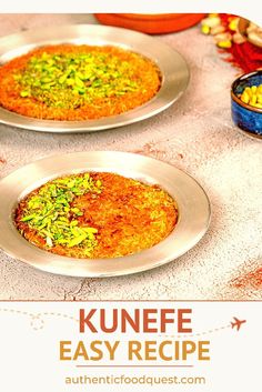 two silver plates with food on them and the words kunnef easy recipe above it