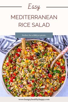 A big bowl of Mediterranean rice salad with text overlay Healthy Rice Salad Recipes, Rice Salads For Parties, Summer Rice Dishes, Mediterranean Rice Salad, Summer Rice Recipes, Rice Salads Summer, Brown Rice Salad Recipes, Healthy Rice Salad, Summer Rice Salad