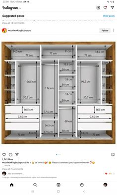 an image of a closet with measurements for the drawers and shelves in front of it