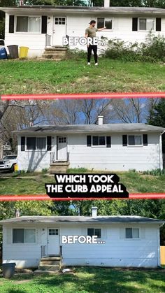 the before and after shots of a house that has been painted white with red tape on it