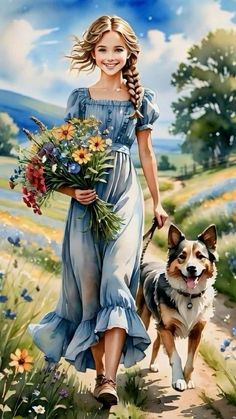 a painting of a girl and her dog walking down a path with flowers in their hand