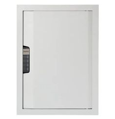 a white wall mounted cabinet with a keypad on the front and side panel open