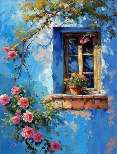 an oil painting of a window with flowers on the outside and blue wall behind it