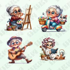 four cartoon images of old women with paintings and flowers, one playing an acoustic guitar