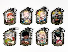 six keychains with cartoon characters on them, all in different styles and colors