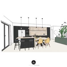 a drawing of a kitchen with stools and counter tops in black, white, and yellow colors