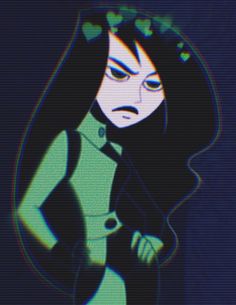 an animated image of a woman with long black hair and green dress, holding her hands on her hips