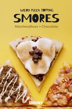 there are three slices of pizza with toppings on them and the title reads weird pizza topping smores marshmallows chocolate