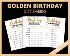 three golden birthday scatterrobies with the words, happy birthday scatterrobes and