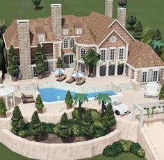 this is an artist's rendering of a large house with a pool in the front yard