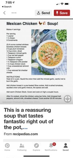 the mexican chicken soup recipe is shown on an iphone screen, and it appears to be in