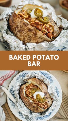 baked potato bar with sour cream and jalapenos on top, served in foil