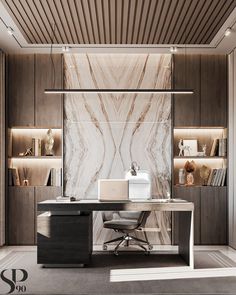 a desk with a laptop on top of it in front of a marble wall and shelves