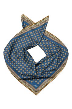 The rich medallion pattern  will transport you to the cobblestone streets of Italy, while the luxurious silk feels sumptuously smooth against your neck. The classic neckerchief size: Approx. 27" x 27". A comfortably large size that fits most men, unlike smaller bandanas. 100% silk twill: A soft, silky fabric traditionally used in men's tailoring for its look and its drape. Characterized by a diagonal weave which makes it very durable. Hand rolled hems: For the ultimate in luxury and sophisticati Elegant Blue Scarf With Bandana Print, Elegant Blue Silk Pocket Square, Streets Of Italy, Italy Street, Cobblestone Streets, Prussian Blue, Medallion Pattern, Hand Roll, Silk Twill