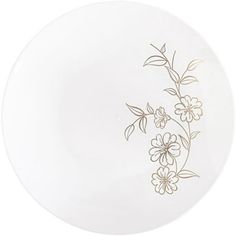 a white plate with gold floral designs on the front and back side, against a white background