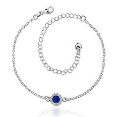 Elegant 925 sterling silver blue anklet that features a simple but adorable design. A round created sapphire blue rhinestone is encircled with crystals creating a stunning design. Ideal for brides and their something blue or for a gift on a special occasion. Anklet measures 7.8 inches with an additional 3.9 inches for adjustments. Ships from the US and packaged with a free jewelry box. Leg Jewelry, Silver Chain Anklet, Anklets Online, Blue Anklet, Silver Ankle Bracelet, Foot Chain, Foot Bracelet, Women Anklets, Crystal Fashion