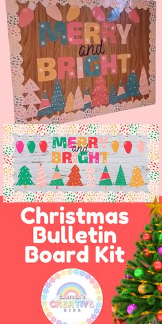 the christmas bulletin board kit is shown with an image of a tree and other decorations