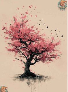 a tree with pink flowers and birds flying around it