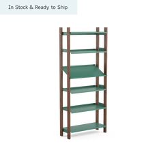 a green shelf with three shelves on each side