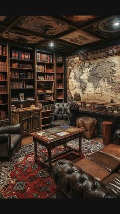 a living room filled with leather furniture and a large map on the wall above it